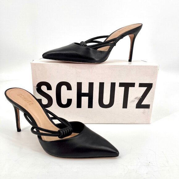 Schutz Lela Women’s Size 8B Black Leather Knotted Strap Slide Pointed Toe Heels - Picture 1 of 16